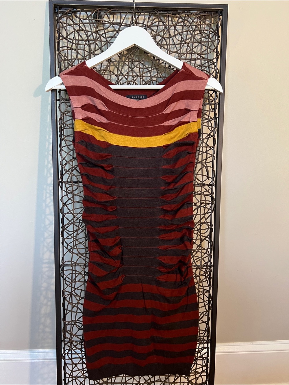 Ted Baker London Kitey Stripe Knit Bodycon Dress burgundy pink yellow charcoal 4
